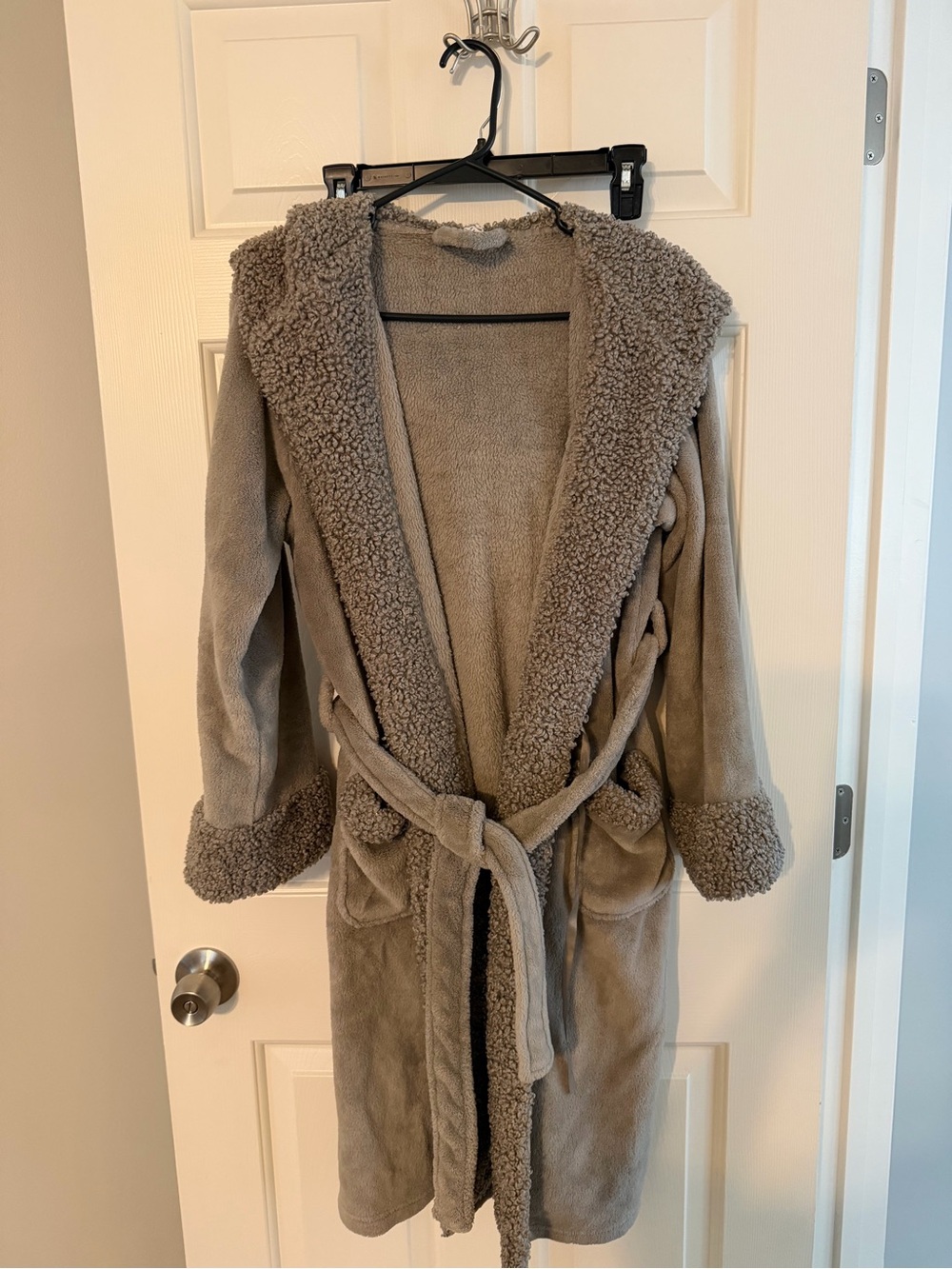Pottery Barn Taupe Faux-Shearling Hooded Teddy House Coat
